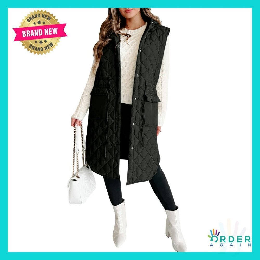 Long Quilted Puffer Vest Hooded Sleeveless Winter Outerwear Chic Minimal